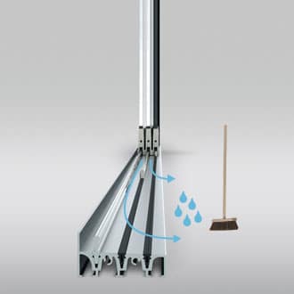 A sloping floor construction and optimally shortened rail lengths permit unpressurised drainage and simple cleaning of the floor rail. The anti-slip coating ensures that the floor rail surface is safe to walk on.