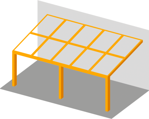 Illustration of an orange, two-legged carport with a grid-like roof attached to a grey wall on a grey surface.