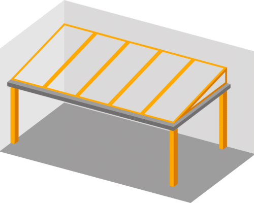Illustration of a metal-framed, flat-roof structure attached to a corner wall, featuring transparent panels and orange supports.
