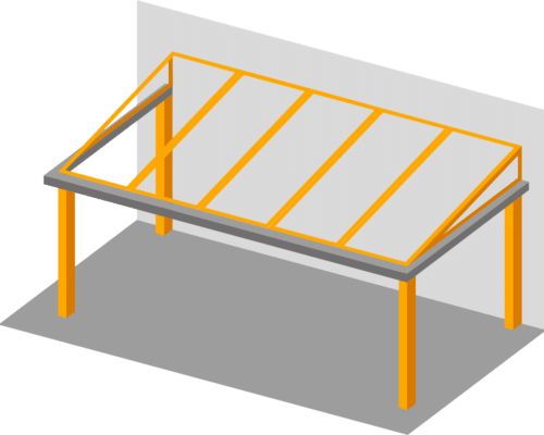 Illustration of a partially constructed rectangular structure with a gray base, orange framework, and a white wall background.