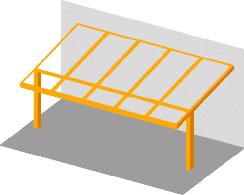 Illustration of an orange metal frame for a shelter, attached to a white wall, with a grey floor.