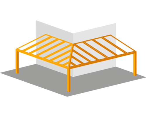 Illustration of an orange, slanted pergola structure attached to a white corner wall on a gray base.