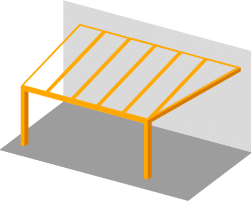 A 3D illustration of an angular structure with an orange frame against a gray wall, casting a shadow on the ground.