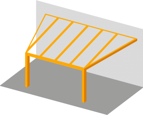 Isometric illustration of a yellow, slanted, rectangular structure with a flat roof attached to a grey wall, casting a shadow on the ground.