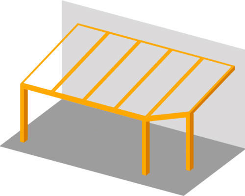 A simple orange metal frame is attached at a right angle to a wall, standing on a gray surface, resembling a minimalist pergola structure.