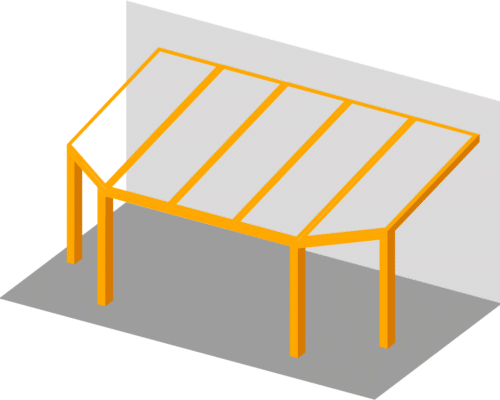 Isometric illustration of an orange metal frame structure with five vertical beams and a slanted roof, positioned against a gray wall on a gray surface.