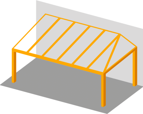 Illustration of an orange-framed metal canopy attached to a wall, casting a shadow on the ground.