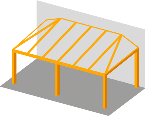 Illustration of a yellow metal frame structure with a pitched roof next to a gray wall, set on a gray base.