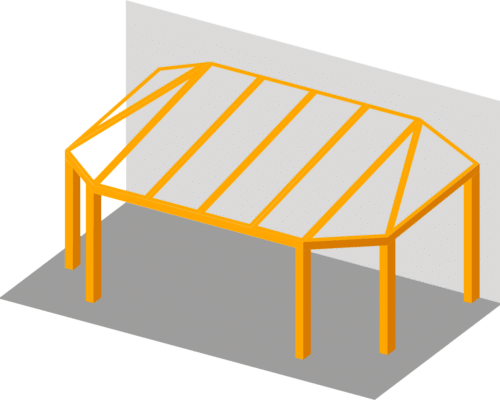 Illustration of a yellow, open-framed carport structure with a gray roof support, positioned against a white wall on a gray base.