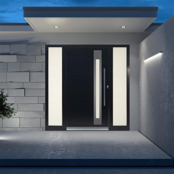 A modern front door with frosted glass panels, set in a minimalist entrance.