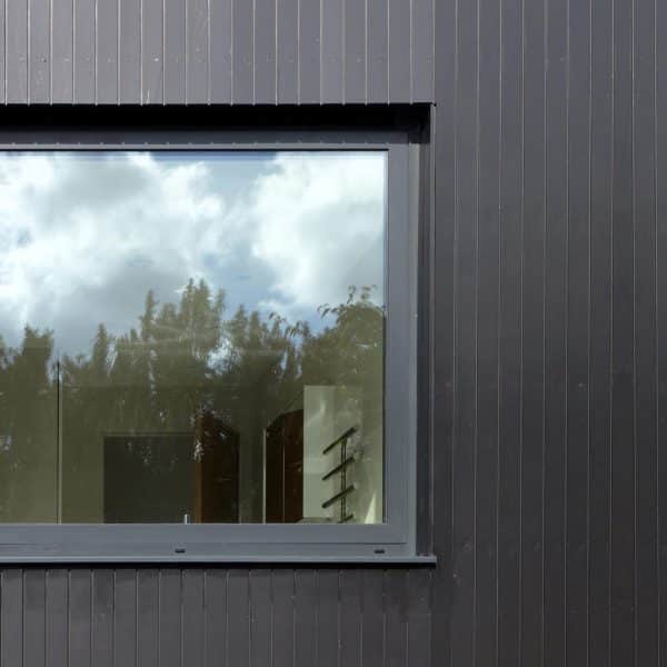 A black-framed window on a dark-paneled wall reflects a cloudy sky and nearby trees.