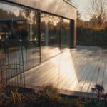 Thumbnail of http://The%20modern%20house%20exterior,%20reminiscent%20of%20Grand%20Designs,%20features%20large%20glass%20sliding%20doors%20leading%20to%20a%20wooden%20deck%20nestled%20in%20a%20lush%20garden.%20Sunlight%20casts%20reflections%20on%20the%20deck,%20where%20an%20empty%20metal%20birdcage%20stands%20quietly%20to%20the%20left.