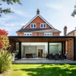 Thumbnail of http://A%20modern%20house%20with%20a%20brick%20facade,%20large%20glass%20sliding%20doors,%20and%20a%20covered%20patio,%20set%20in%20a%20grassy%20backyard%20with%20trees%20and%20plants.