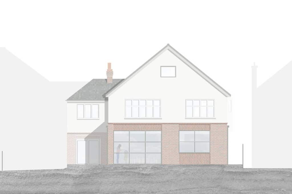 Architectural rendering of a two-story house with a pitched roof, large windows on the ground floor, and brick accents. Two figures are faintly visible inside.