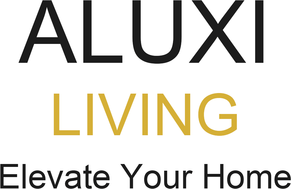 The image displays the text: "ALUXI LIVING Elevate Your Home," with "ALUXI" and "Elevate Your Home" in black and "LIVING" in gold—perfect inspiration for stylish sliding doors or bifold doors in Manchester homes.